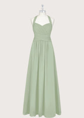 Pamela | A - Line Halter Sage Green Chiffon Long Bridesmaid Dresses - Price #price_variant_lowest# - Sage - PromDressClub